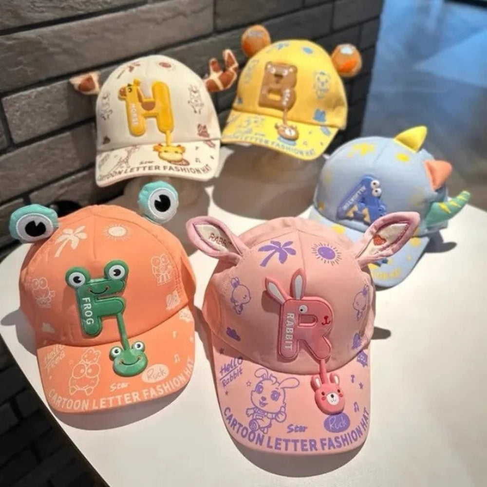 Cute 3D cartoon kids caps with animal ears and fun letters in bright colors-TinyBo