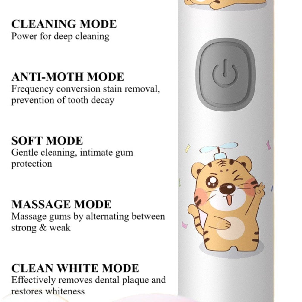 Product with cartoon tiger design and 5 mode descriptions on a white background