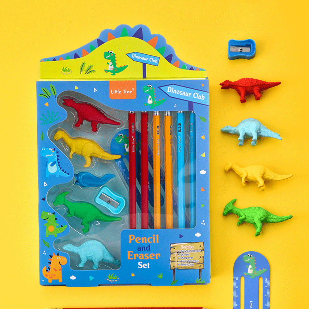 Little Tree Dinosaur Club Theme Pencil And Eraser 13 Pcs Combo Set. - TinyBo