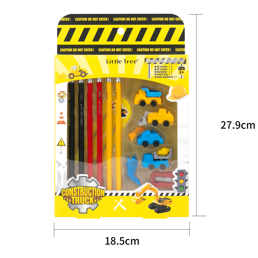 Little Tree Construction Truck Theme Pencil And Eraser Combo Set 13Pcs