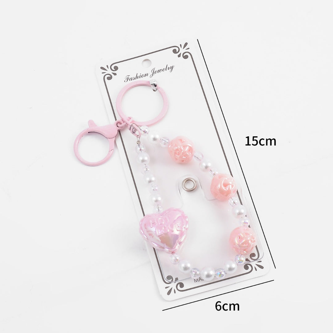 Phone Charm Keychain – Pearl Beads, Crystal Flower & Rhinestone Heart