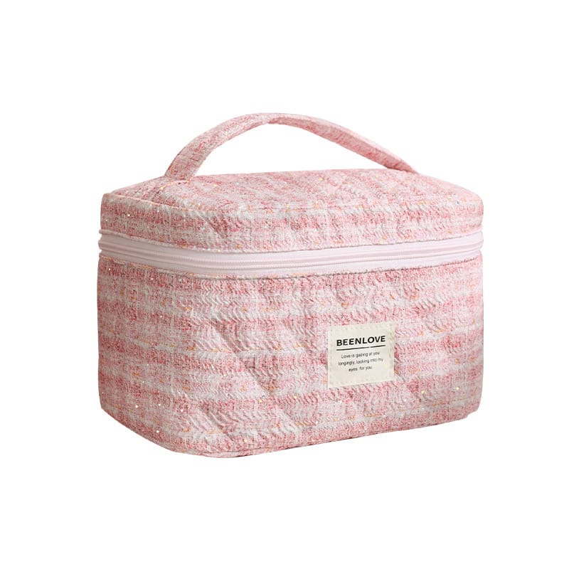 Luxury Tweed Travel Makeup Bag – Large Capacity Cosmetic Organizer for Girls
