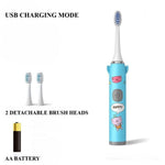 Load image into Gallery viewer, Blue kids cartoon-themed electric toothbrush with detachable brush heads and AA battery on a white background
