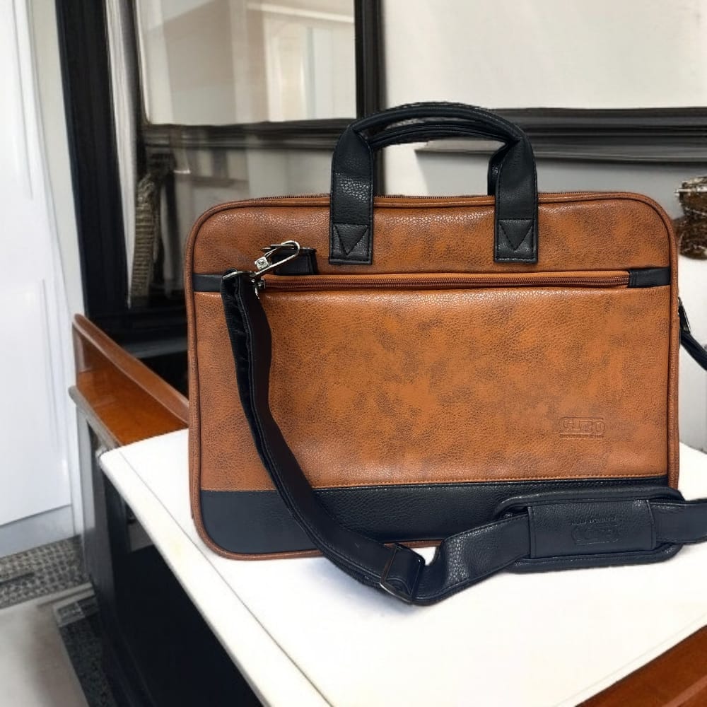 Brown leather laptop bag for men with front and back compartments