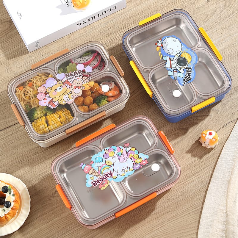 Premium Leak Proof Insulated Stainless Steel Bento Lunch Box with 3 Sections & Cutlery