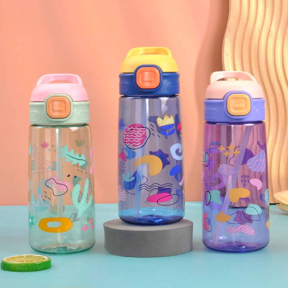 kids straw water bottles with flip lids and printed designs.