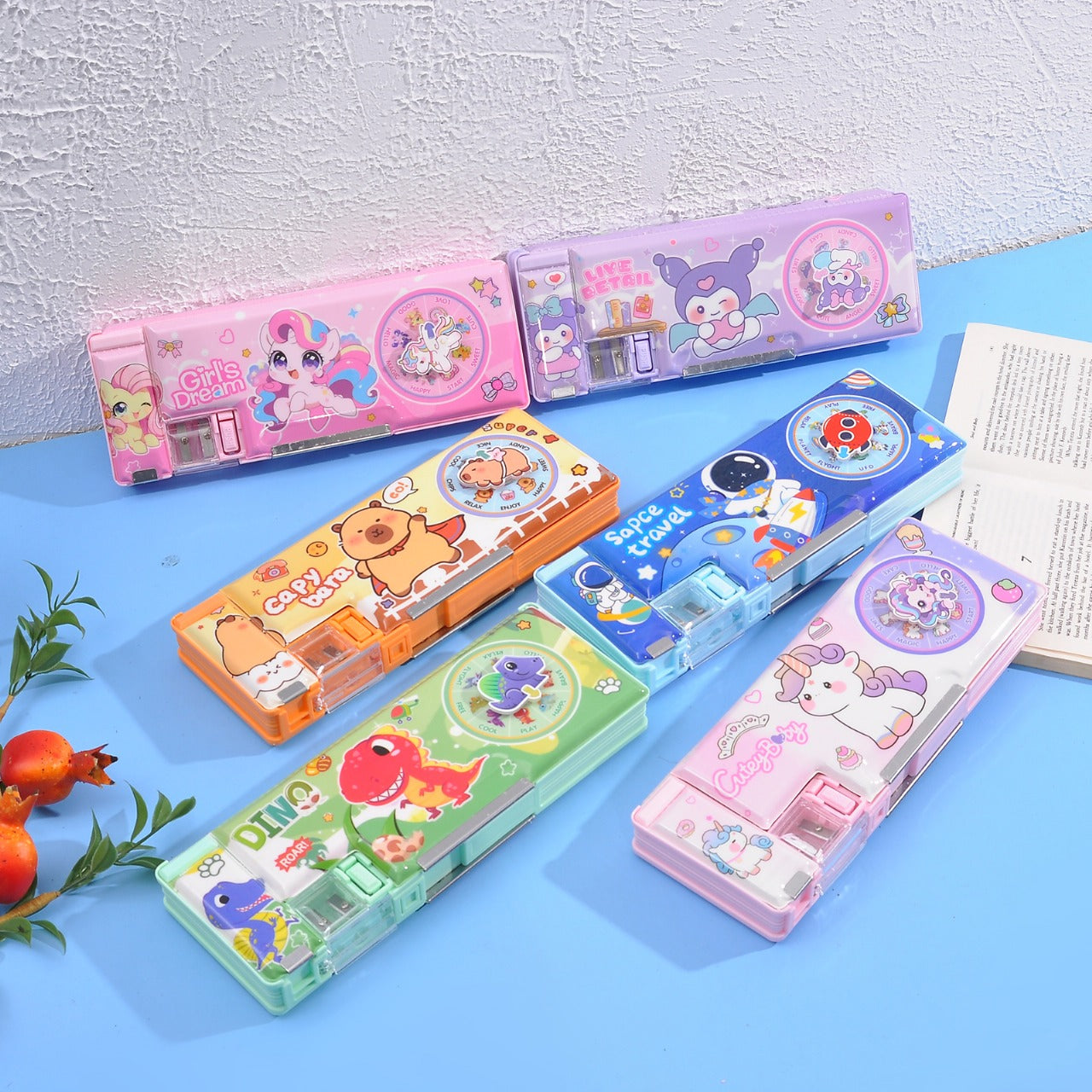Cute Cartoon Design Magnetic Dual-Side Pencil Box with Spinner for Kids
