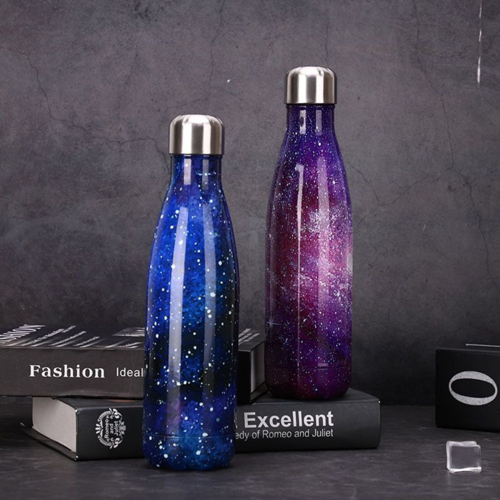 Front view of galaxy print stainless steel water bottle-TinyBo