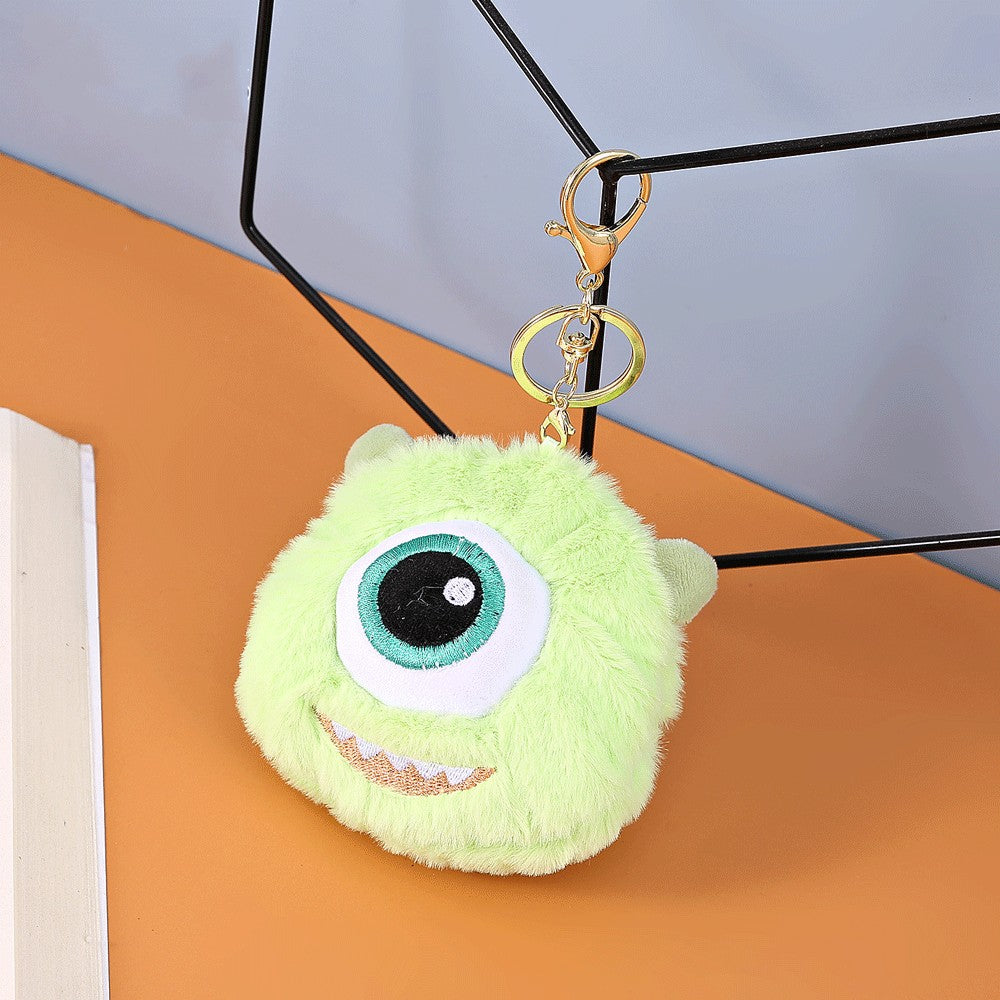 Green plush monster keychain with big eye and gold key ring 