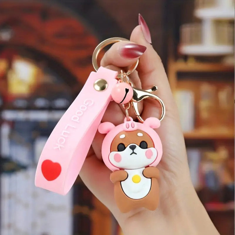 Pink bear costume kawaii keychain with soft PVC design-TinyBo