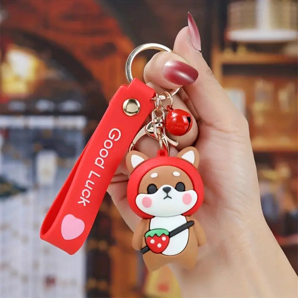 Red bear costume keychain holding a strawberry, kawaii style-TinyBo