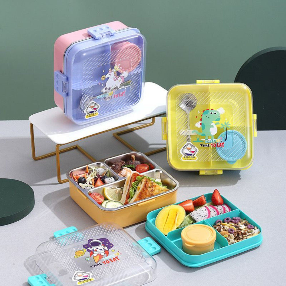 Removable stainless steel 3-compartment tray inside kids bento lunch box.