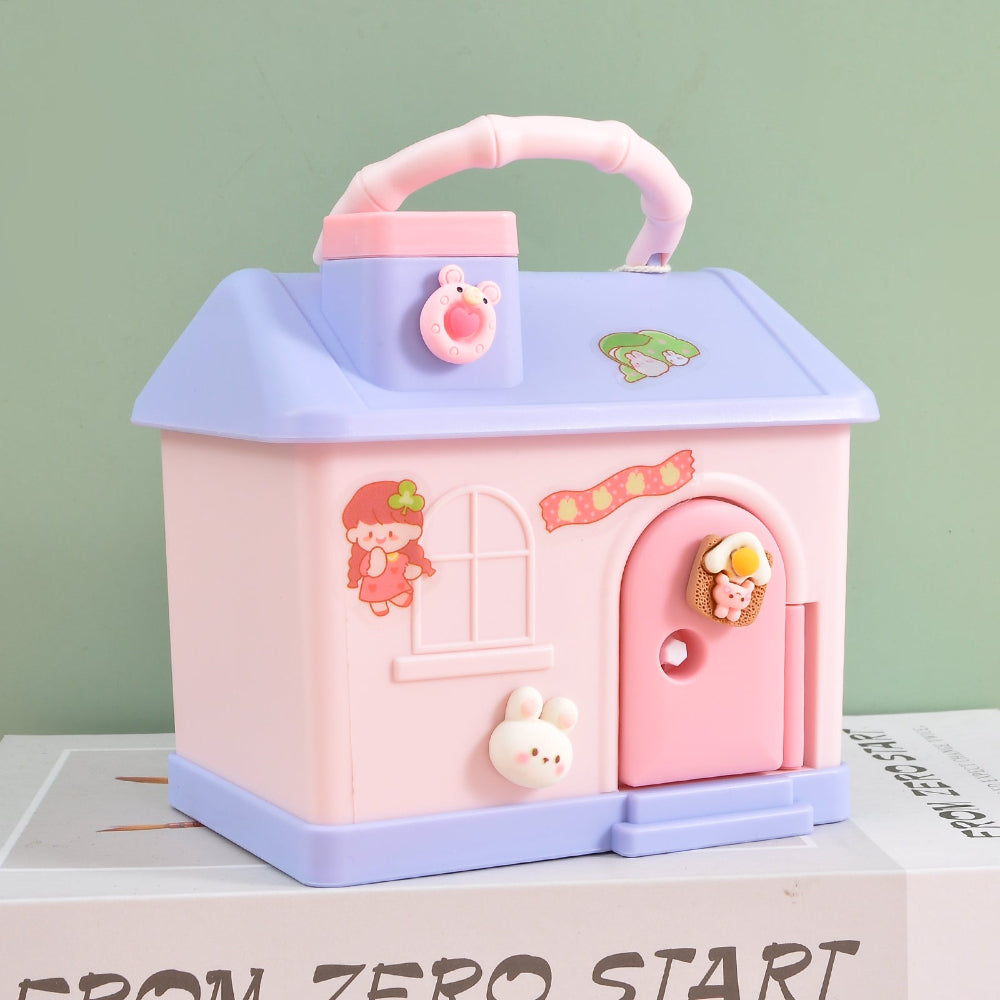 Portable kids piggy bank shaped like a house, pastel colors, and cartoon animal stickers