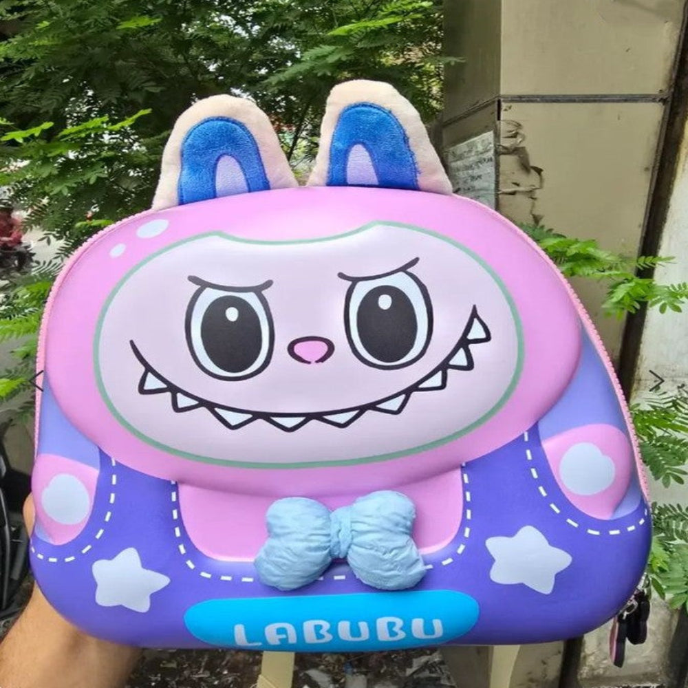 Front view of blue Labubu cartoon backpack for kids-TinyBo