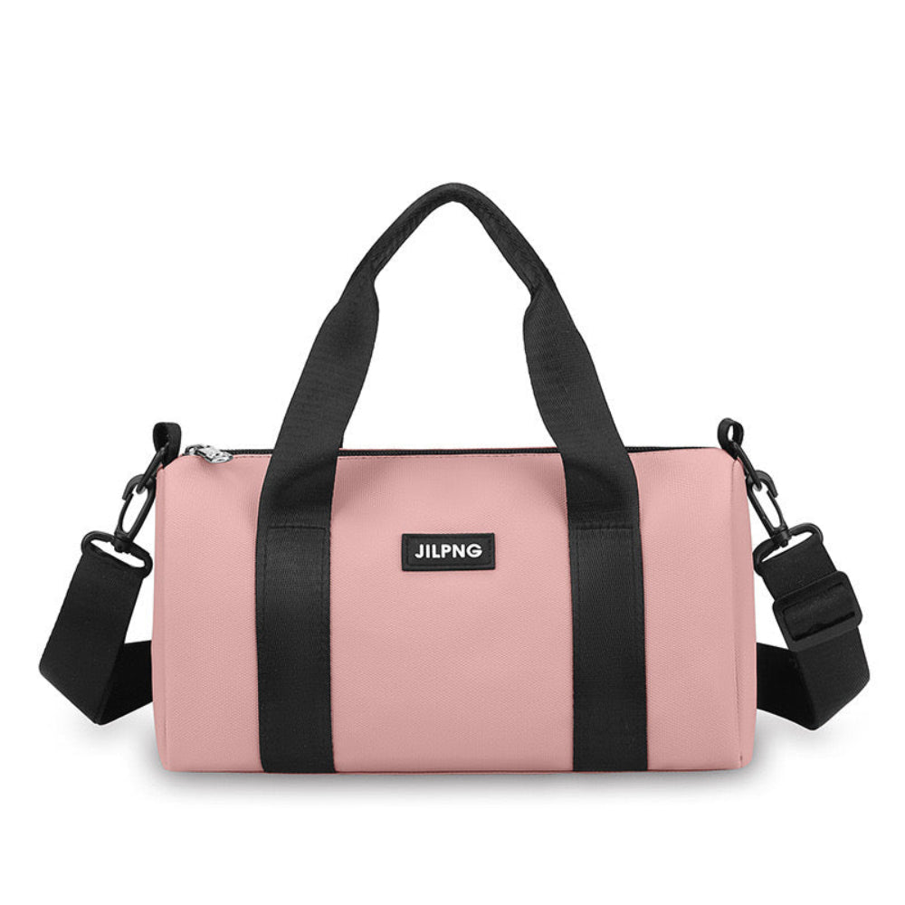 Mini pink duffle bag for gym & travel with crossbody strap and handle