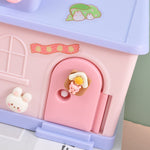 Load image into Gallery viewer, Playful and secure piggy bank for kids in a pastel house design with cartoon characters
