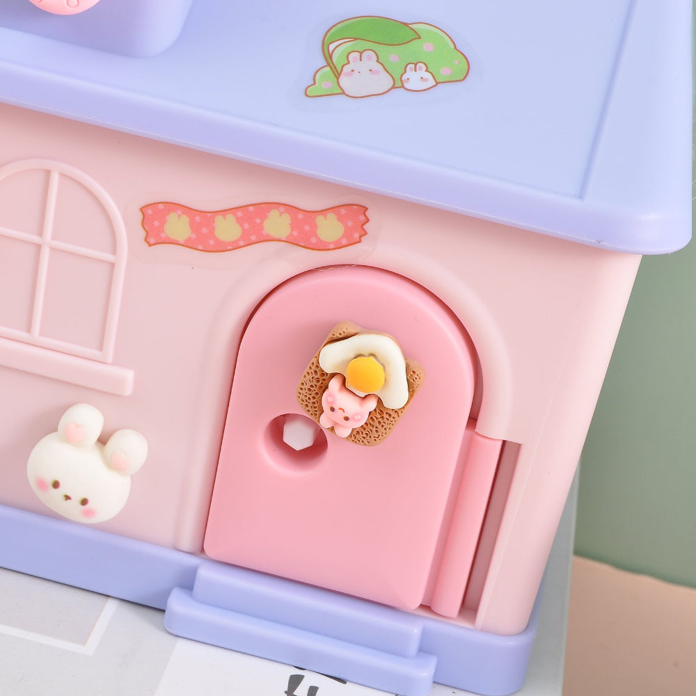 Playful and secure piggy bank for kids in a pastel house design with cartoon characters