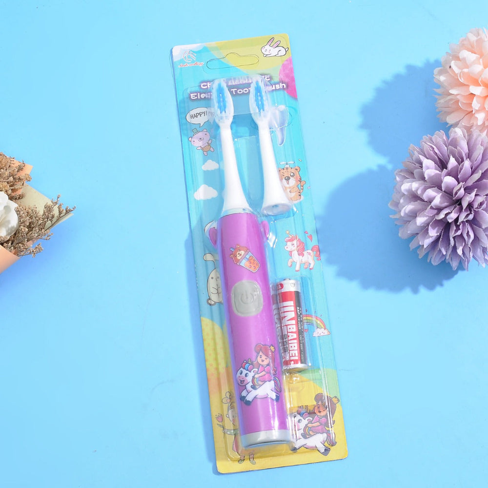 Kids unicorn-themed purple electric toothbrush in card packaging for gifitng