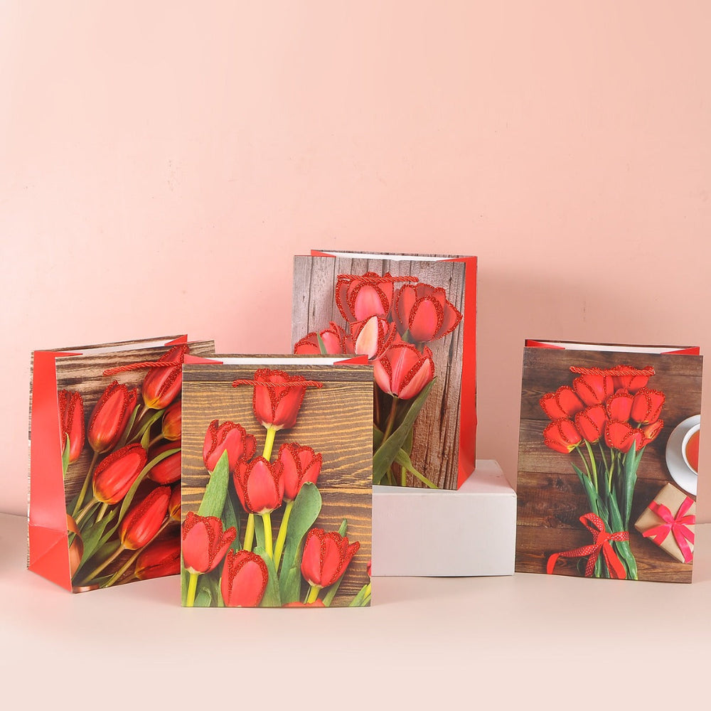 Elegant red tulip gift bags with rustic wooden backgrounds-TinyBo
