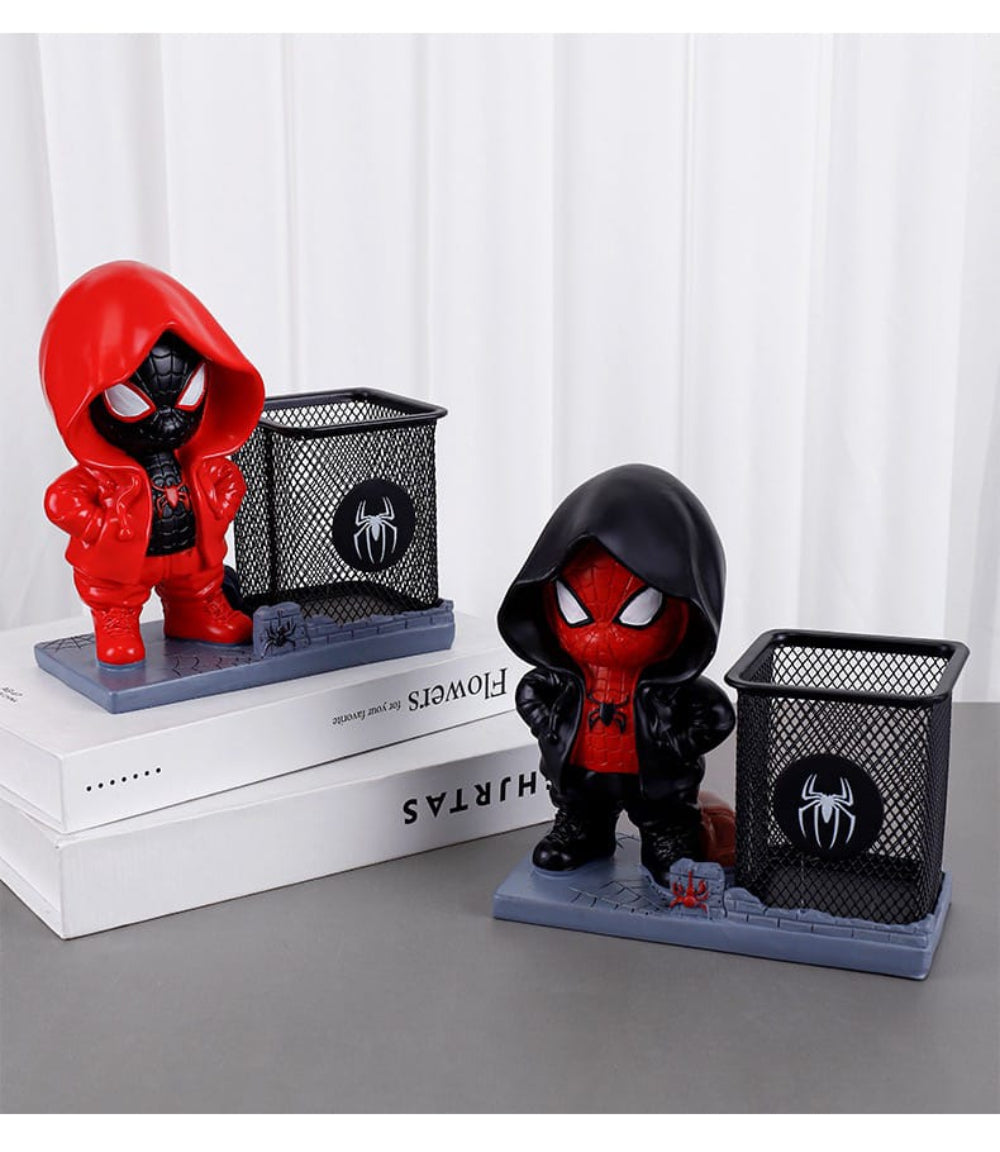 Spider-Man pen holders in red and black hoodies with metal mesh 
