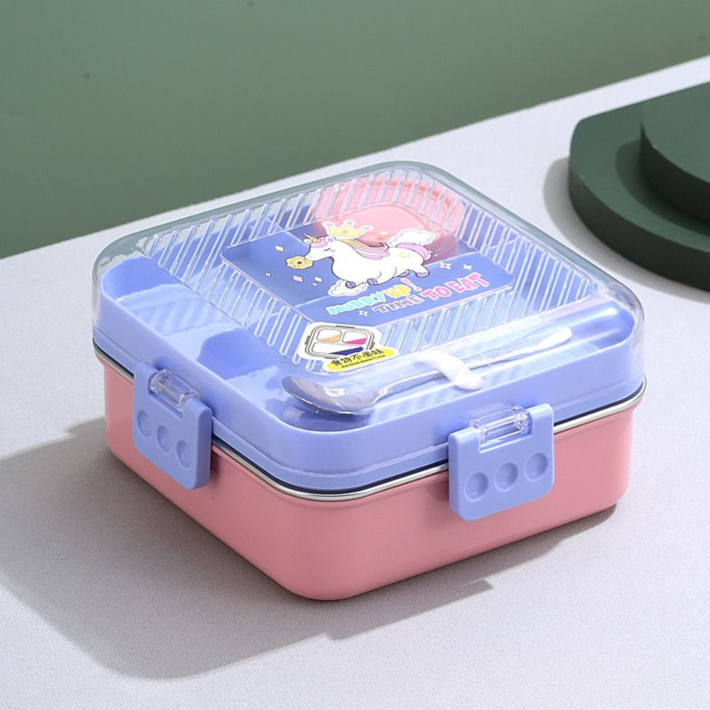 Stainless steel bento lunch box for kids with unicorn print and leakproof lid.

