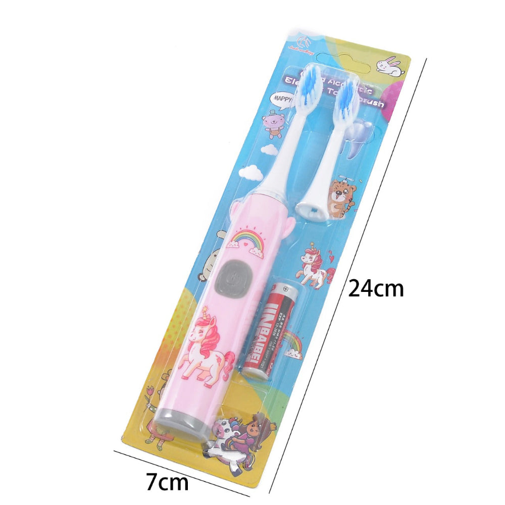 Pink unicorn-themed electric toothbrush for kids with card packaging on a white background