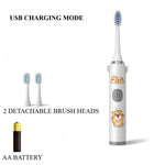 Load image into Gallery viewer, White electric kids toothbrush with detachable brush heads and AA battery on a white background
