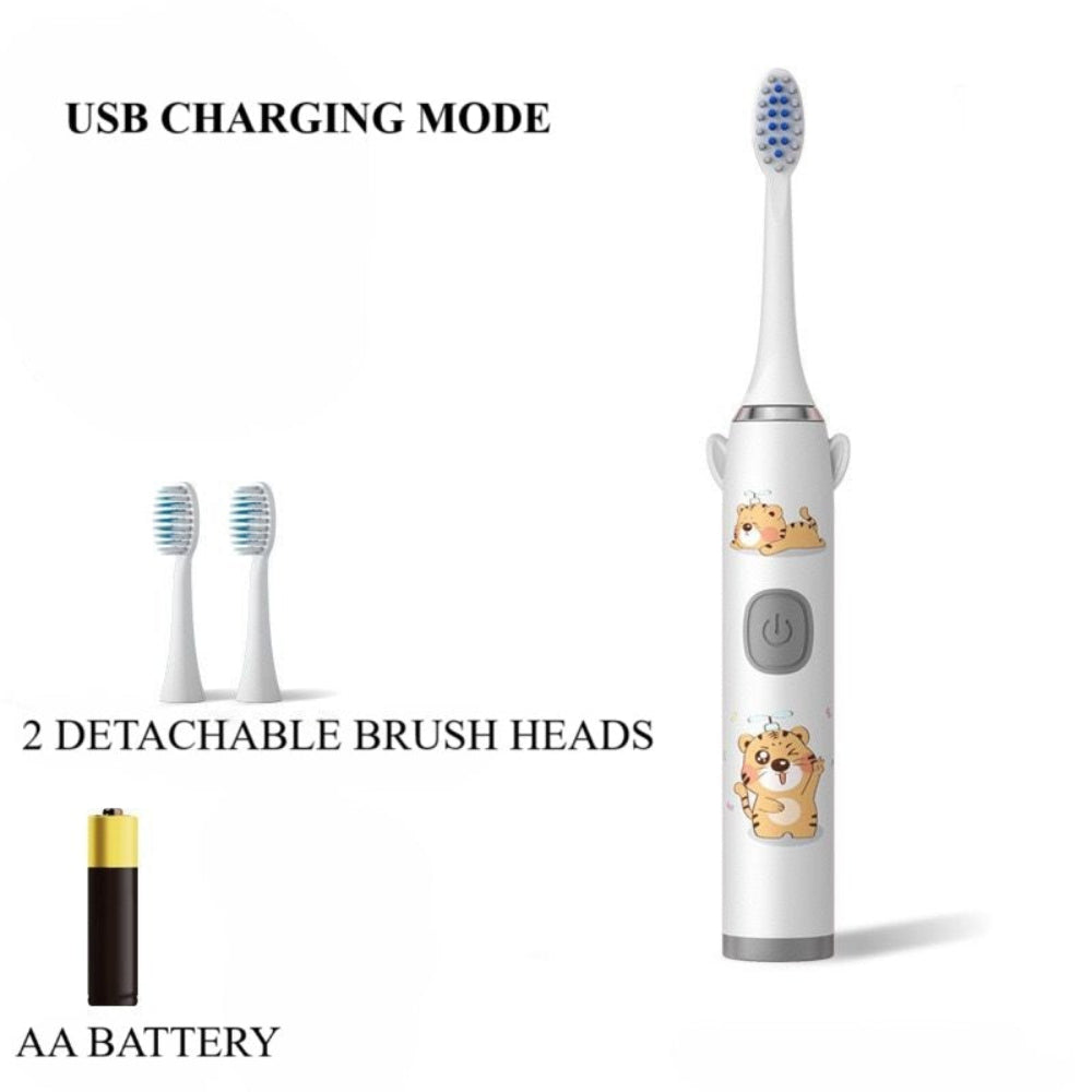 White electric kids toothbrush with detachable brush heads and AA battery on a white background