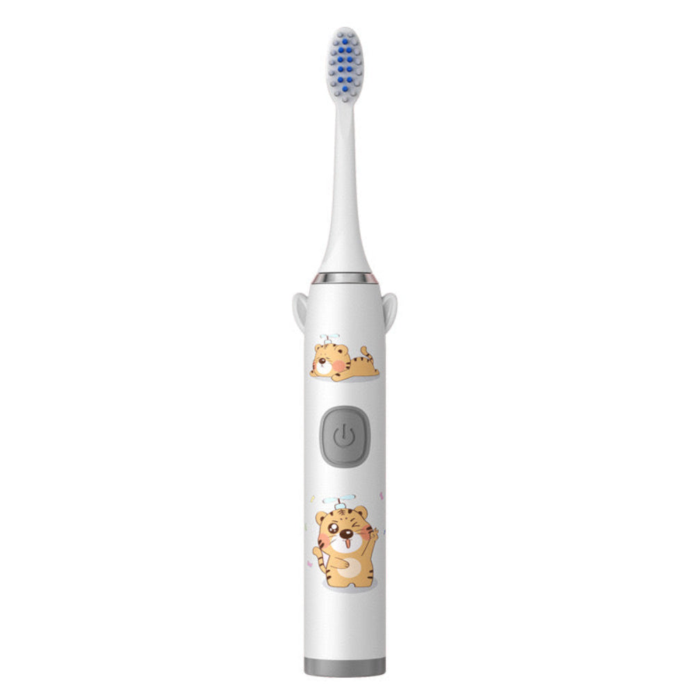 White kids electric toothbrush with animal-themed on a white background